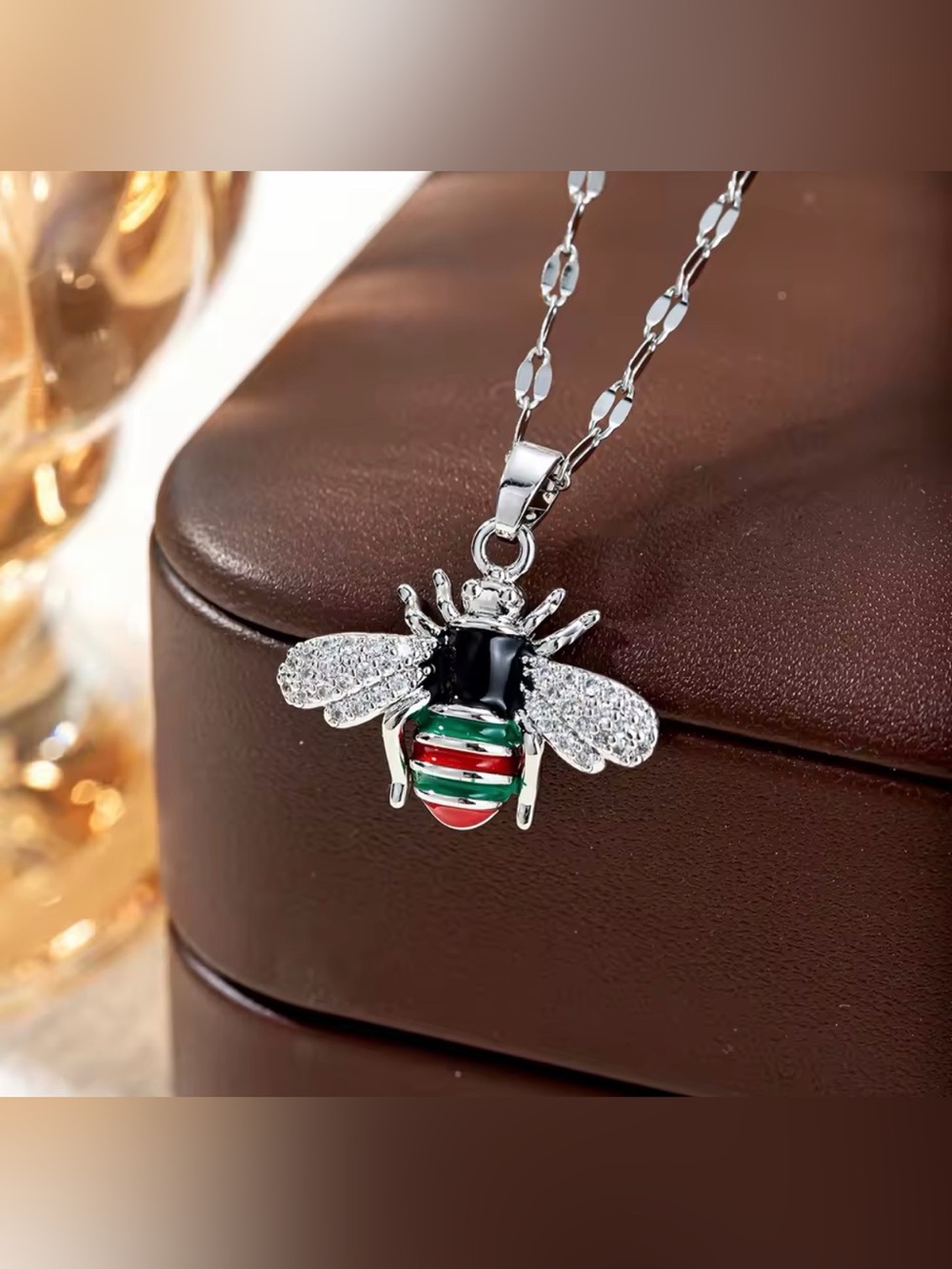 18K White Gold Bee Pendant Red Green Stripes Micro Pave Diamond Necklace No Fade